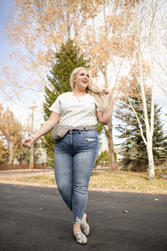 Girl wearing a Light Layering Tee with Denim Capris