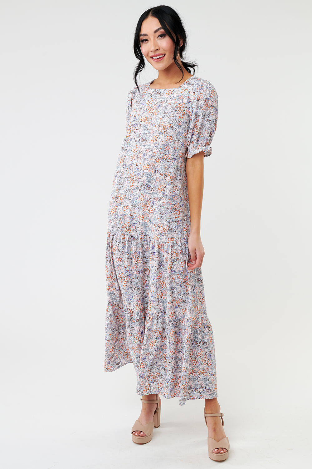 Women's Gray Cuffed Sleeve Tiered Dress | Sweet Salt Clothing