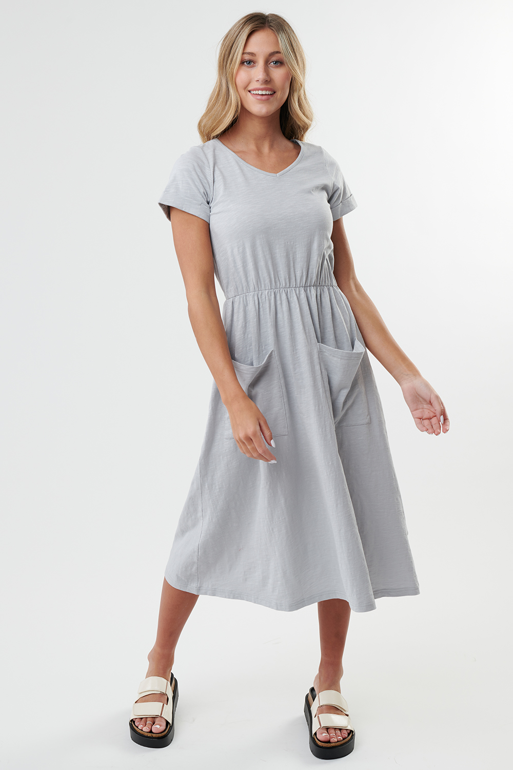 V Neck Cuffed Sleeve Patch Pocket Dress - Sweet Salt Modest Clothing