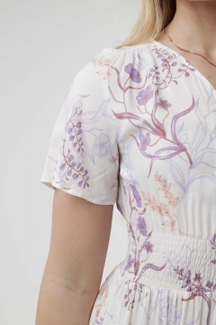 womens white and purple floral button down smocking dress