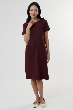 womens dark red short sleeve front pockets dress