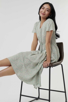 V Neck Butterfly Sleeve Tie Waist Dress
