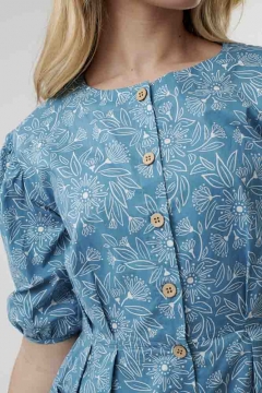 womens blue pleated patch pocket dress