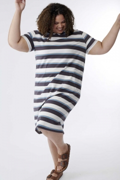 womens white, blue and gray striped knit dress with hood