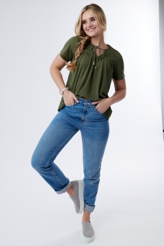 Top Lace Yoke Knit Tie Neck