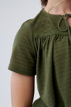 Veronica - Top Lace Yoke Knit Tie Neck