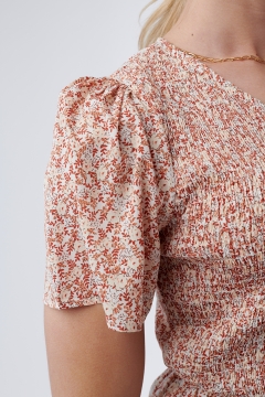 Top Smocked V Neck Short Sleeve