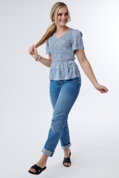 Top Smocked V Neck Short Sleeve