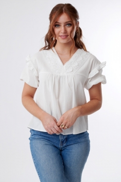 Top Lace V Neck Shoulder Ruffle