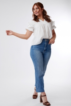 Top Lace V Neck Shoulder Ruffle