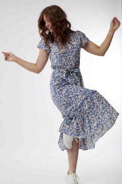 Dress V Neck Flutter Sleeve Ruffle Skirt