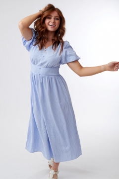 Dress V Neck Puff Sleeve Button