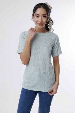 Top Round Neck Rolled Cuff Sleeve