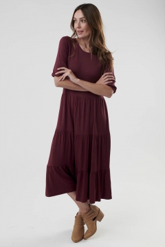 Womens red 3/4 sleeve layered ruffles modest dress
