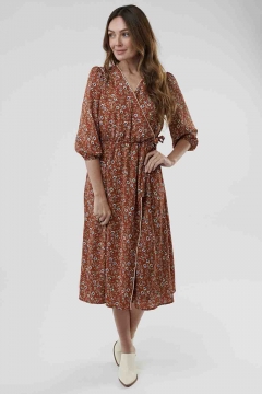 Womens red and orange 3/4 sleeve piping wrap modest dress