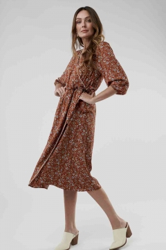 Womens red and orange 3/4 sleeve piping wrap modest dress