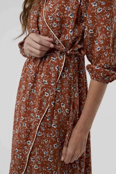 Womens red and orange 3/4 sleeve piping wrap modest dress
