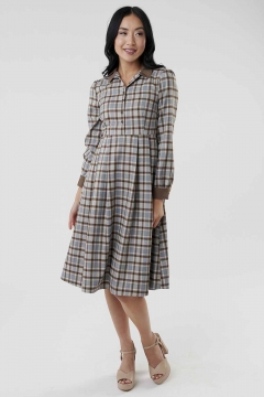 Womens gray and brown collar neck button down modest dress