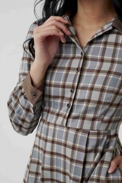 Womens gray and brown collar neck button down modest dress