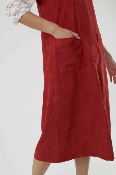 Womens red corduroy patch pockets overall modest dress