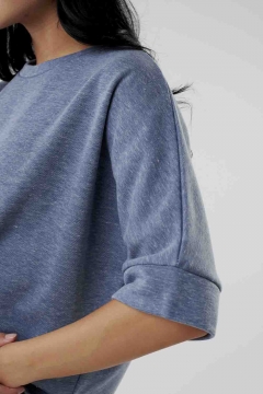 womens blue cuffed dolman sleeve top