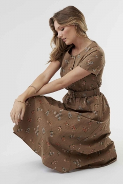 Womens brown floral dolman sleeve belt modest dress