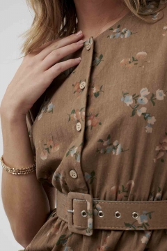 Womens brown floral dolman sleeve belt modest dress