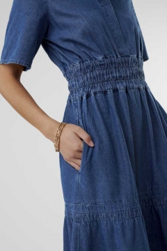 womens blue hidden placket smocked waist dress