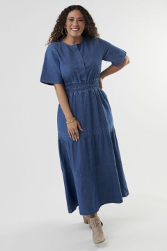 womens blue hidden placket smocked waist dress