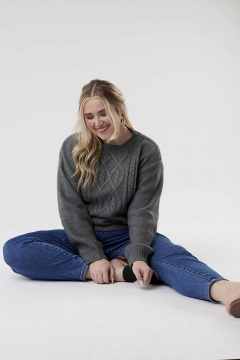 womens gray drop shoulder cable sweater top