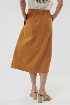 womens brown flap pocket pleated long skirt