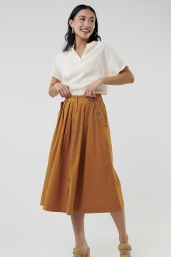 womens brown flap pocket pleated long skirt