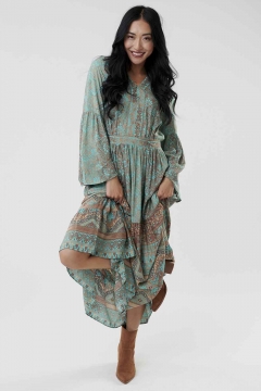 Womens blue and brown flutter sleeve tiered skirt modest dress