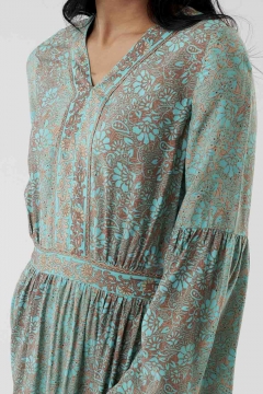 Womens blue and brown flutter sleeve tiered skirt modest dress