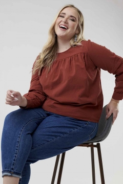 womens brown long sleeve pin tuck top