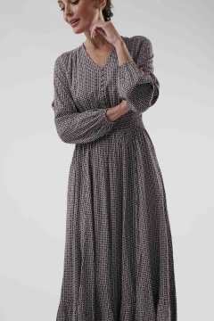 Womens brown long sleeve smocking waist modest dress