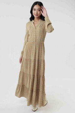 Womens yellow mandarin collar elastic waist modest dress