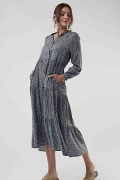 Womens blue and gray mandarin collar tiered modest dress