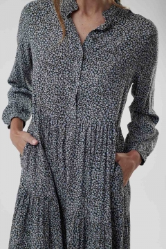 Womens blue and gray mandarin collar tiered modest dress