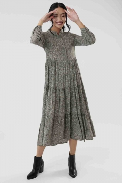 Womens green and gray mandarin collar tiered modest dress