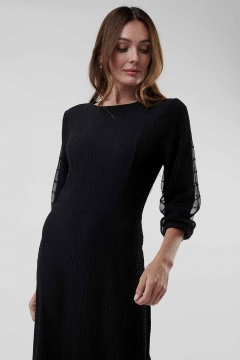 Womens black mesh sleeve and ruffle neck modest dress