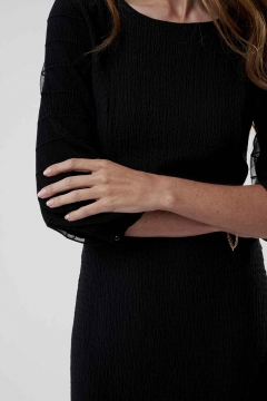 Womens black mesh sleeve and ruffle neck modest dress