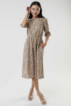 Womens tan peter pan collar pin tuck modest dress