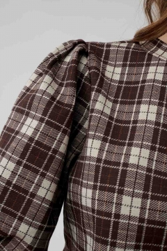 womens brown plaid puff sleeve top