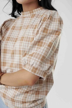 womens tan puff sleeve plaid top