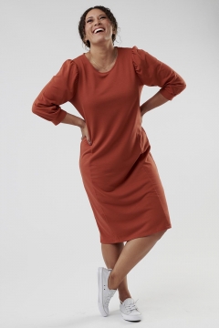 Womens rust puff sleeve princess line modest dress