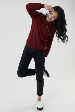 womens red puffed long sleeve sweater top