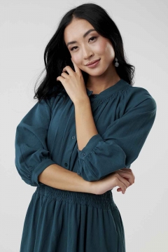 Womens teal raglan sleeve button down modest dress