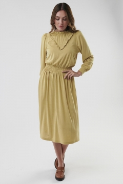 Womens yellow ruffle neck and trim modest dress