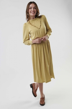 Womens yellow ruffle neck and trim modest dress